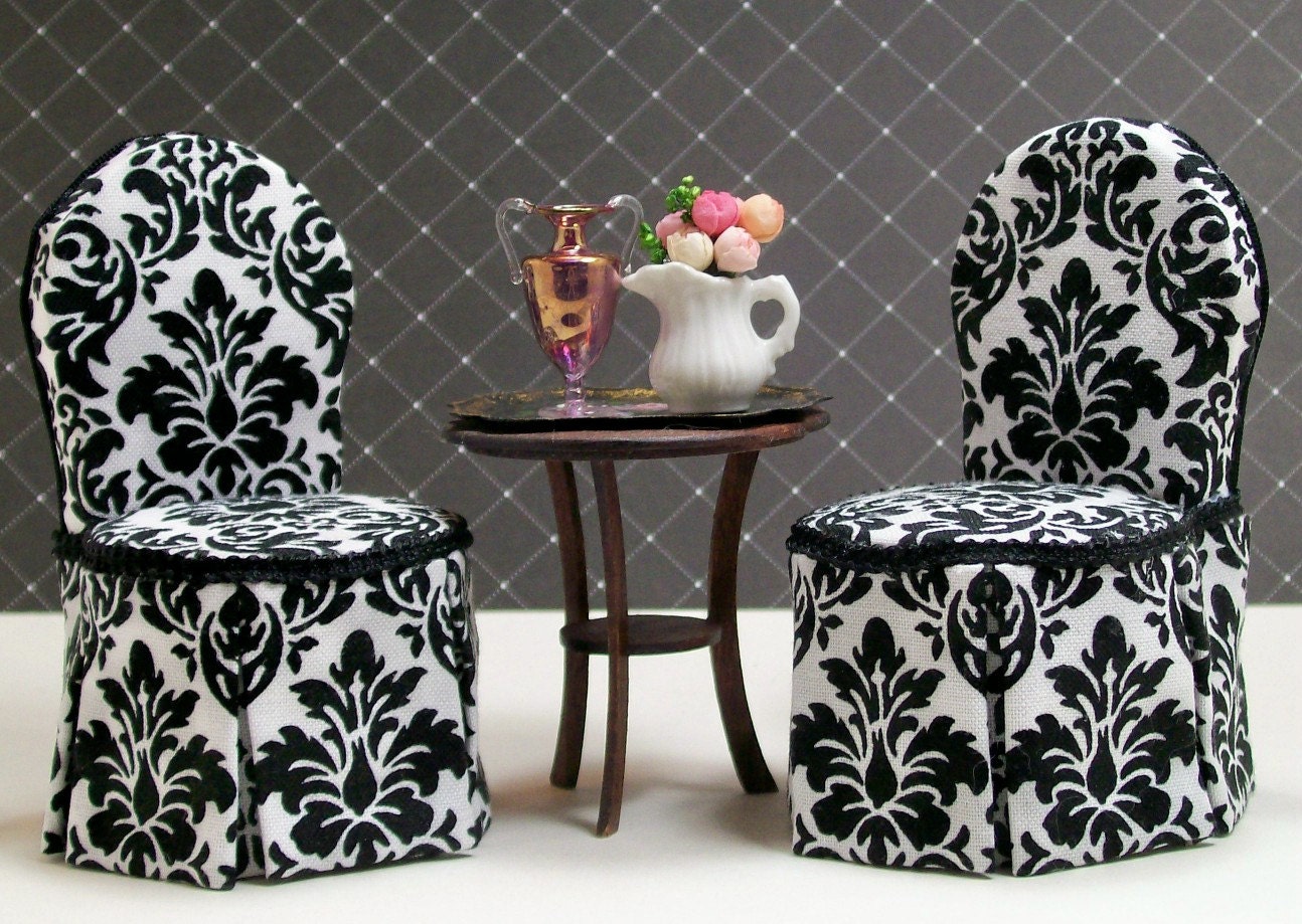 Dollhouse Miniature Upholstered Dining Room Chairs Black White Damask Set Four One Inch Scale