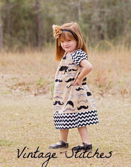 Vintage Stitches Mustache Chevron Claire Dress - girls dresses - Chevron Dress - Mustache Dress - Children Clothing
