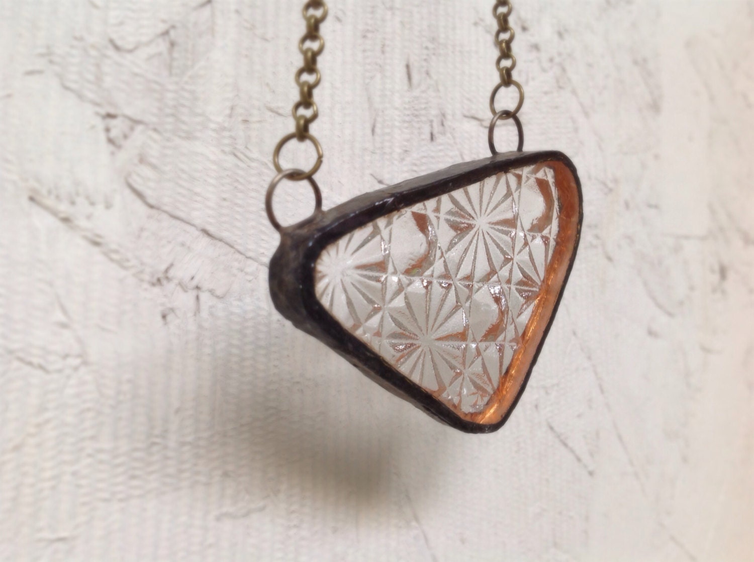 Sweet and sparkly vintage glass necklace . Repurposed Anchor Hocking snack tray . DIY 1950s