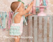 Baby Girl Sunsuit Romper Bubble with Ruffles - Pink Chevron and Aqua