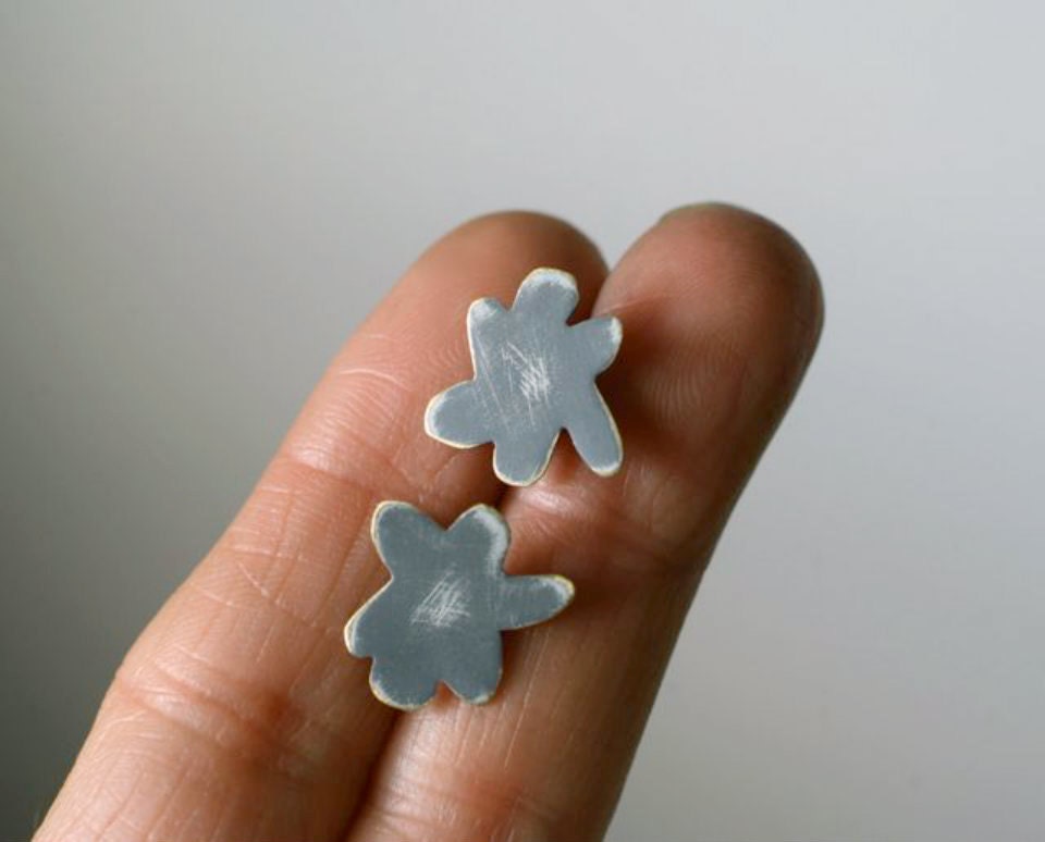 Little Flowers Earrings, Painted, Modern, Minimalist, Woodland, Wearable Art Jewelry, Grey and Gold