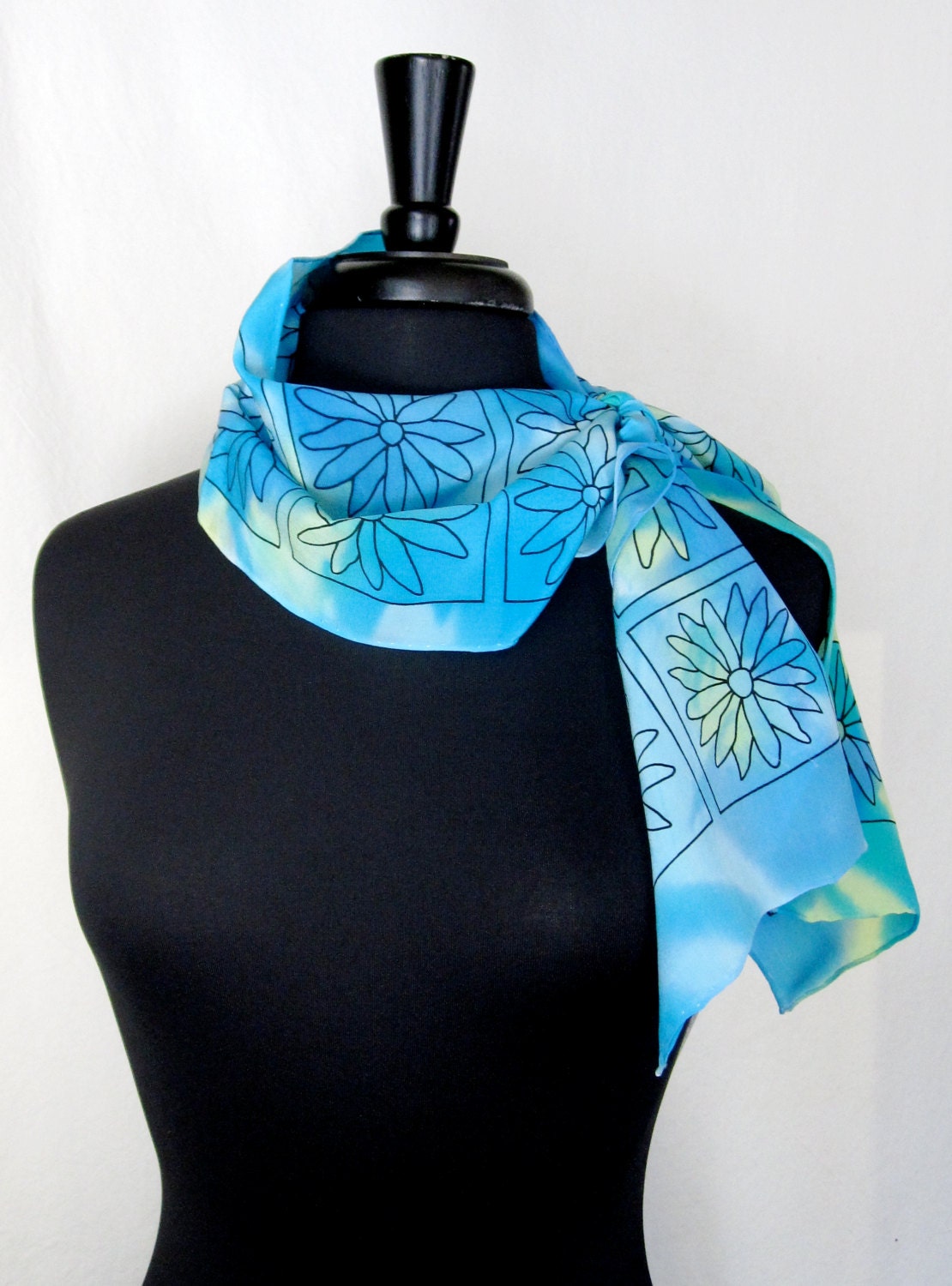 Joyflower Aqua Hand Painted Silk Daisy Crepe Scarf
