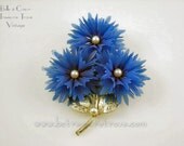 Royal Blue Plastic Flowers with Faux Pearls Vintage Pin Cornflower 1960s