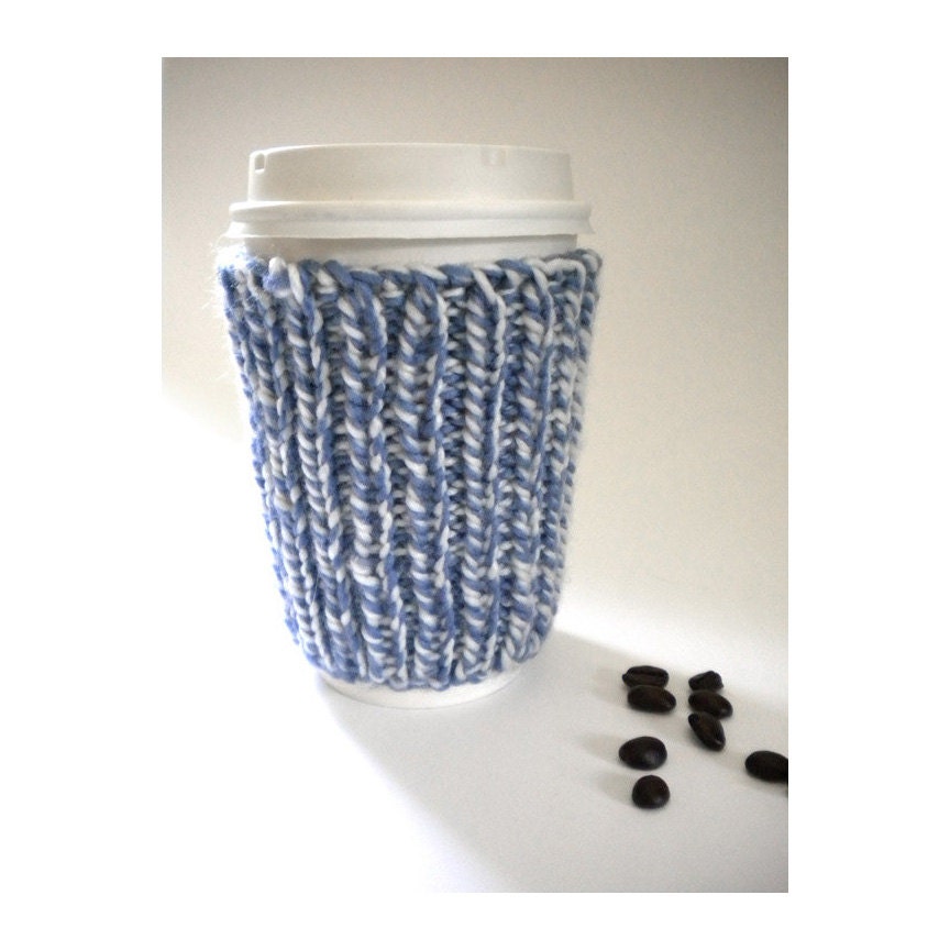 Hand Knit Cup Cozy - Denim Blue White - Coffee Cosy Sweater - Bracelet Wrist Cuff