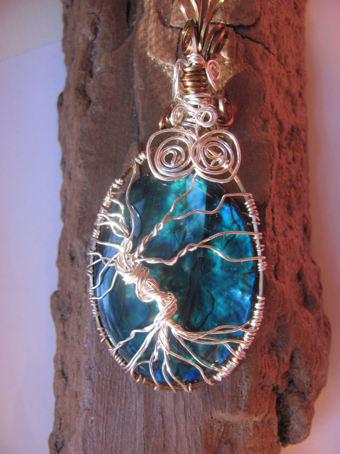 Tree of Life lightening strikes twice pendant blue paua shell st. silver/copper wire wrapped - mothers day jewelry