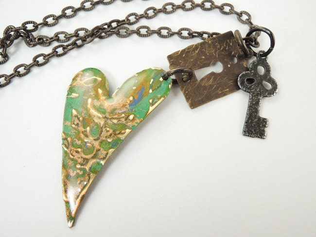 Heart, Lock and Key Necklace, Hand Painted Pendant, Brass Chain