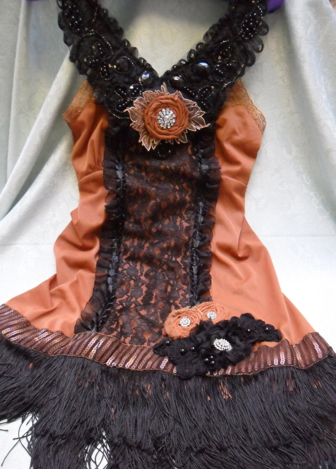 FLAPPER Great Gatsby 1920s Speakeasy Jazz Age Roaring 20s - Vintage Slip Make Over - Black  and Copper Bronze