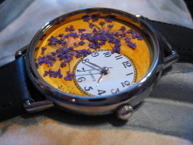 Womens Watch Handmade Jewelry Orange Wrist Watch with Purple Queen Anne Lace and Leather Band