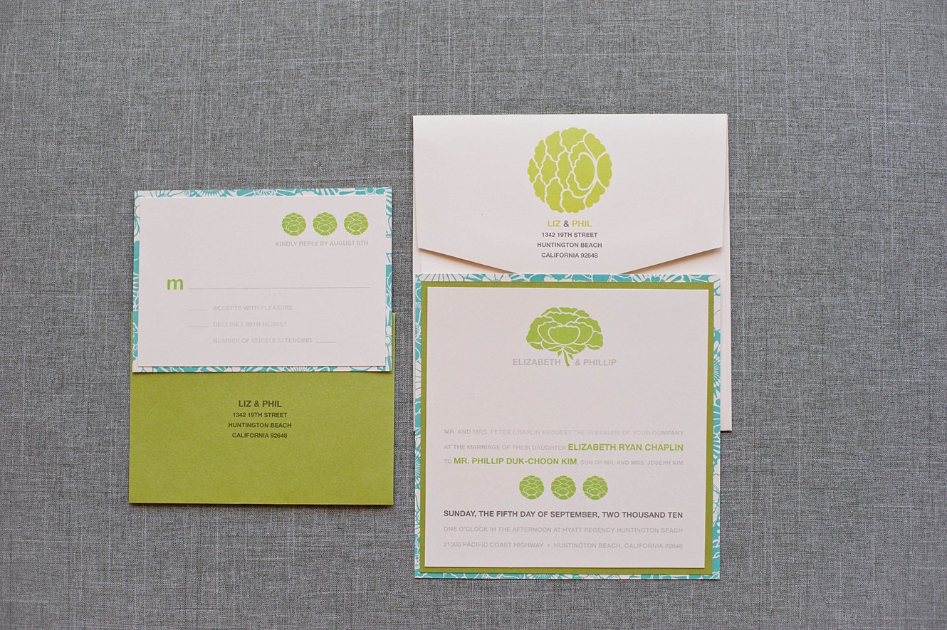Simple Floral Wedding Invitation Suite - Lime Green - Elizabeth and Phillip