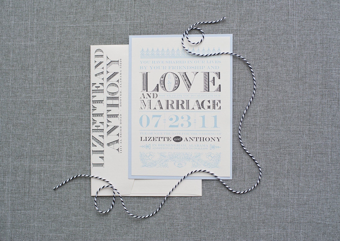 Blue Vintage Wedding Save the Date or Invitation - Romantic Victorian - Custom Colors - Lizette and Anthony