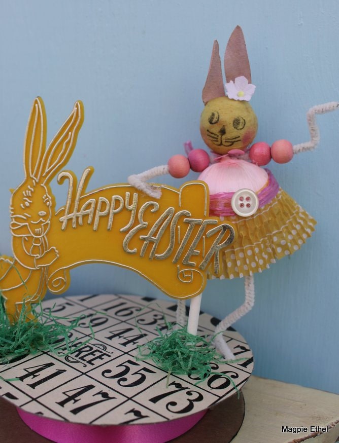Vintage Style Easter Bunny - Spun Cotton with Happy Easter Banner