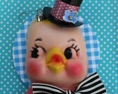 Vintage Style, Half Doll Head Easter Fellow Chick, with Pink Collar, Dotted Top Hat