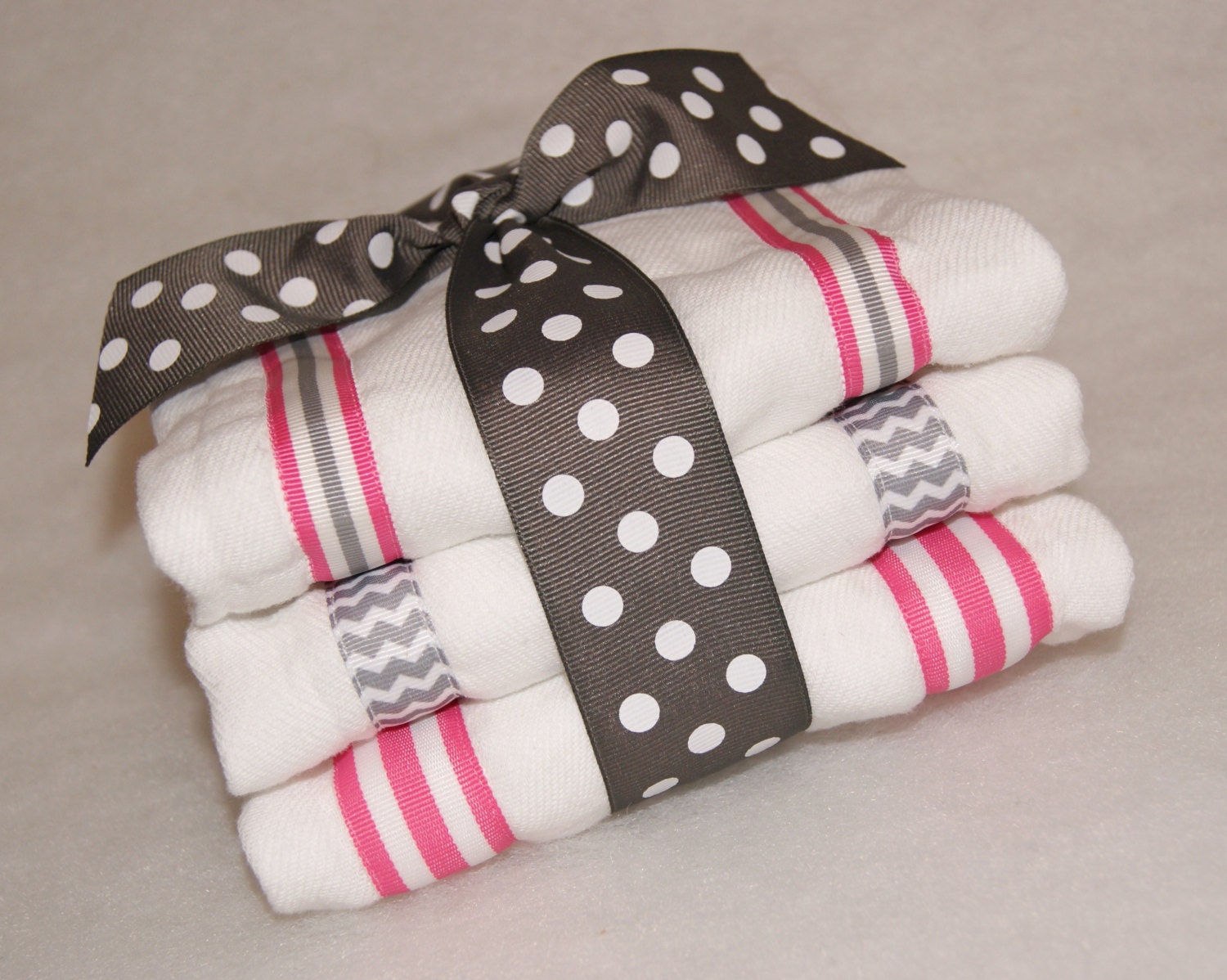 Grey and Pink Chevron and Stripes Burp Cloth Set