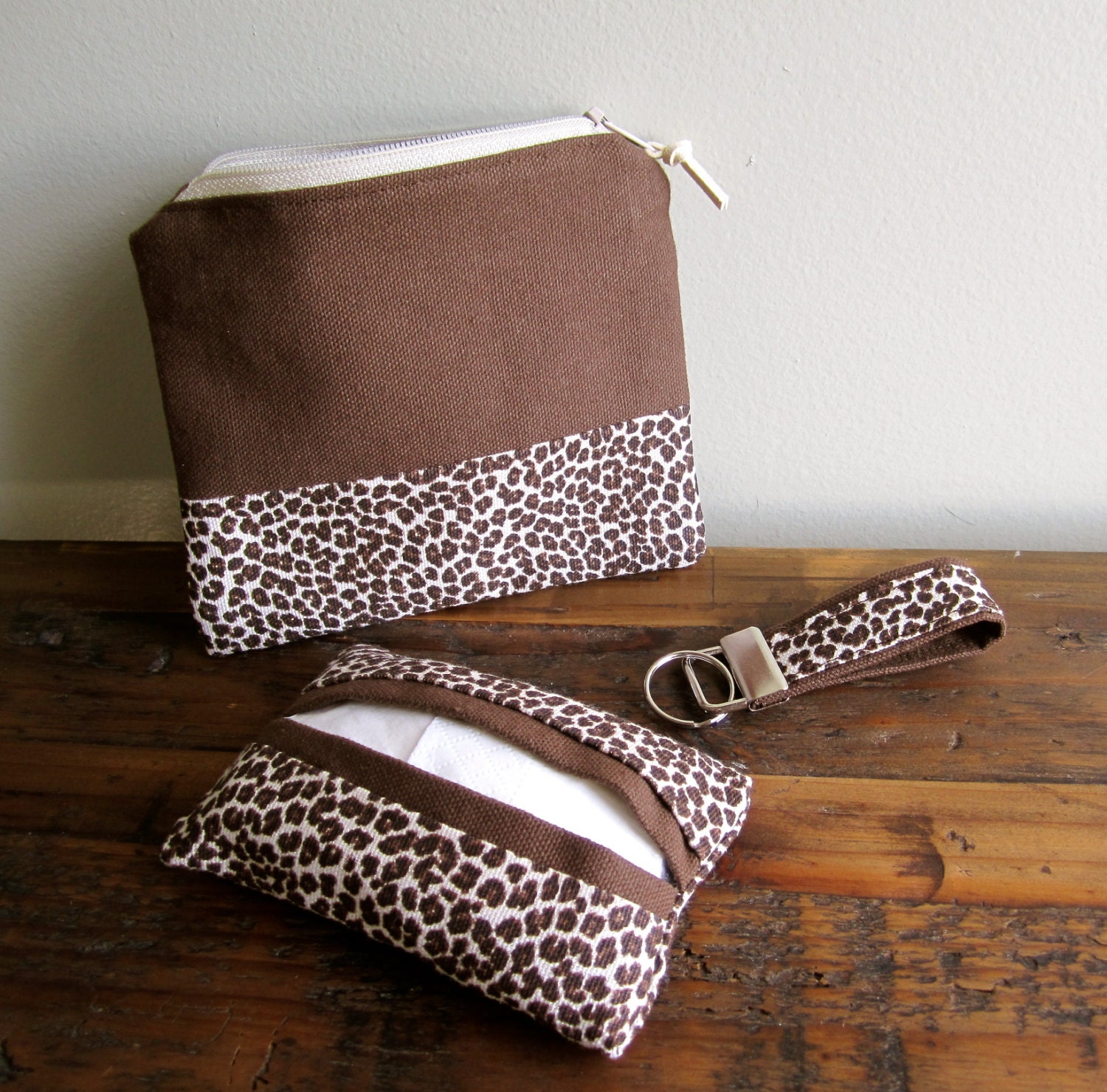 Coin Purse, Keychain, Tissue Case: Organize Your Purse Kit in Chetah Print & Brown.