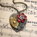 Steampunk Heart Necklace - Steampunk Heart with Watch Gears and Red Enamel Flower - Fairytale Steampunk