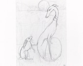 A little trust needs no words - The Hare and the Hound - Pencil Sketch Art Print