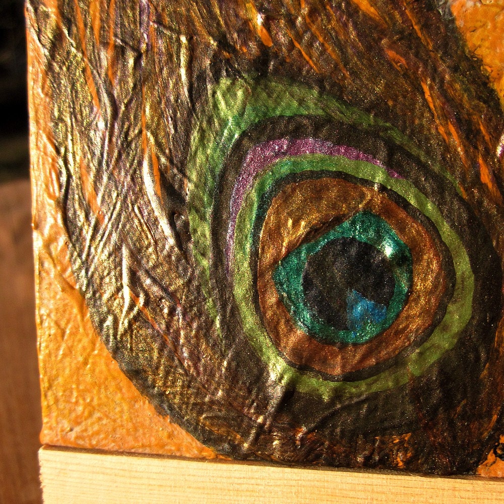 Mini Painting: Peacock Feather on Gold Original Miniature Acrylic, Mini No. 005