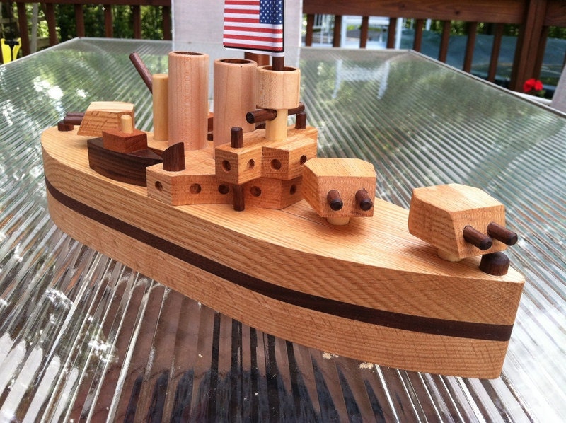 Battleship Boat Oak Walnut Mahogany with turning guns Beautifully hand finished with Beeswax
