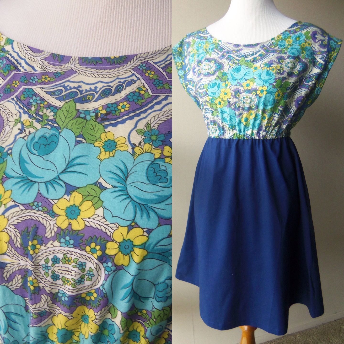 retro Blue floral cotton pullover babydoll spring summer sun dress with empire elastic waist M medium 8 10 upcycled reconstructed handmade