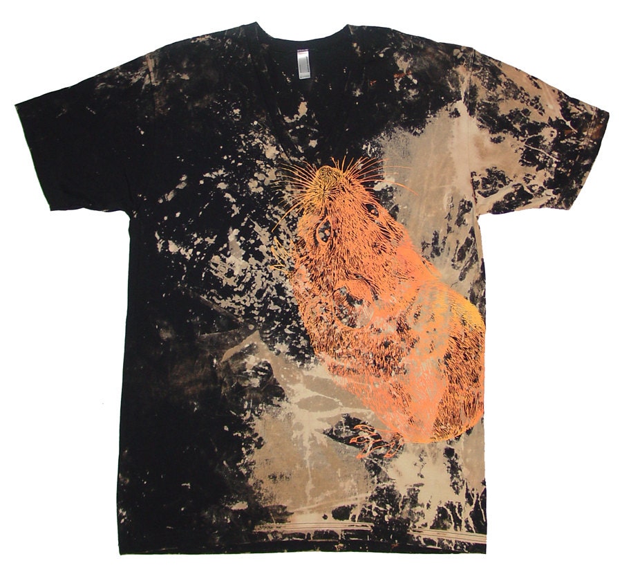 Mouse V Neck bleached tshirt - one of a kind by NYillustration - neon orange glow in the dark screenprint - Unisex adults size L - NYILLUSTRATION