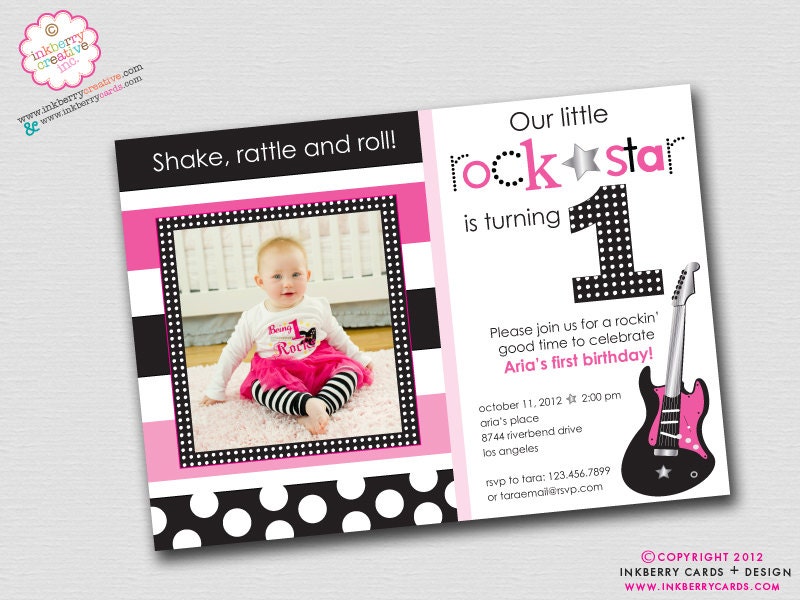 Little Rockstar Girl - Birthday Party Photo Invitation (Digital File - Printed Cards Also Available) Il_570xn