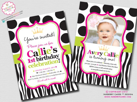 Polka Dot Zebra Princess Birthday Party Invitation (Digital File OR Cardstock Printed Cards Also Available) Il_570xn