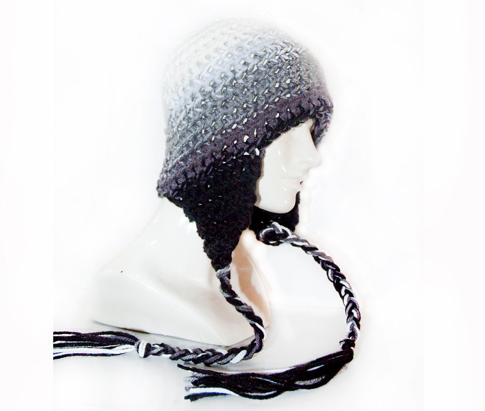 White to Black Fade Ombre  Ear Flap Hat