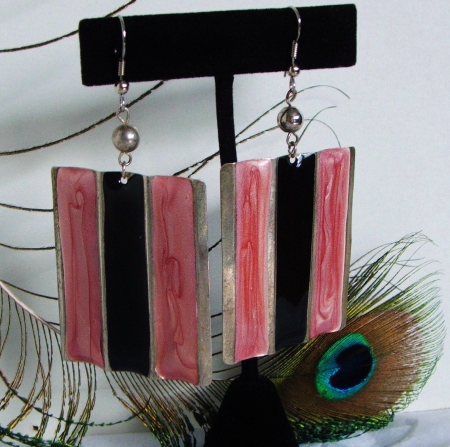 Huge Mod 70s Earrings Black & Pinkish Enamel Squares