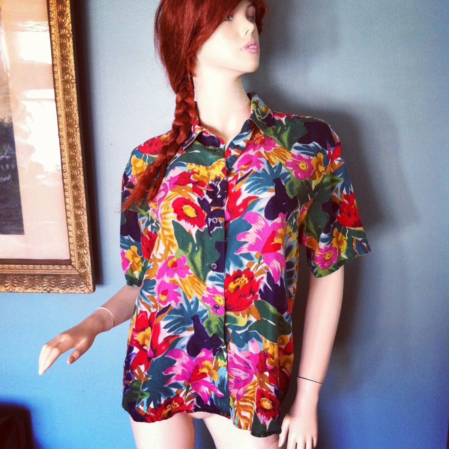 80s Silk floral blouse or shirt large awesome funky