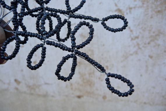 Vintage1900 Black beaded branches leaves beadwork /French funerary work