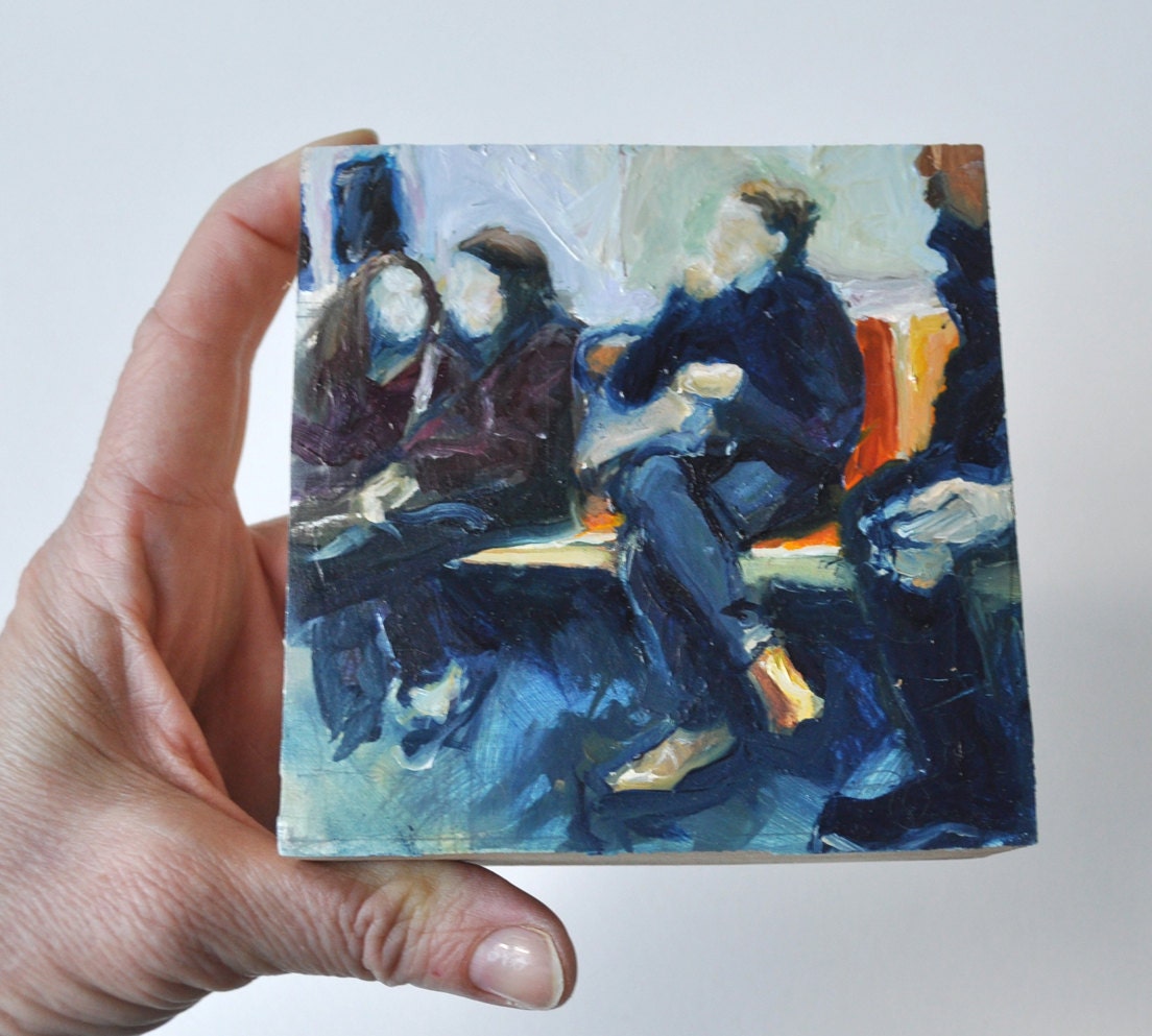 Art Oil Painting New York City Subway Riders on Cedar Wood Block