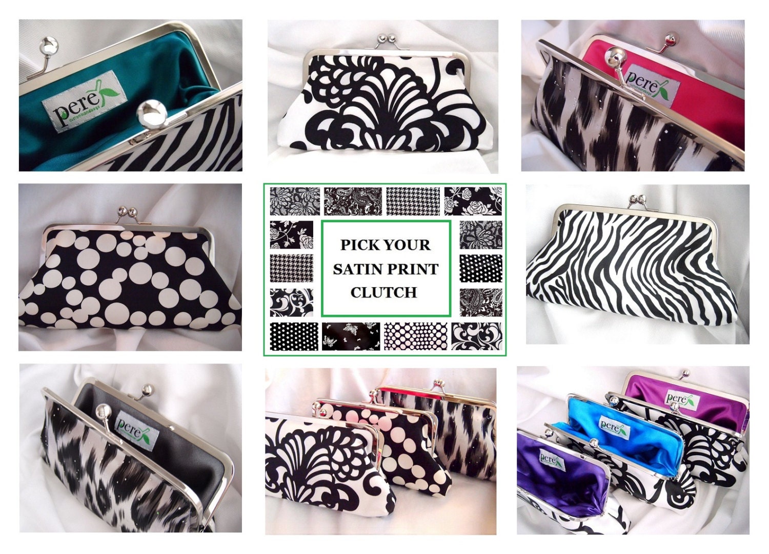 Customizable satin clutches - PICK YOUR PRINT - Design your own clutch - Black and White or Black and Ivory - Evening bag, prom, weddings