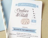 cookies and milk birthday invitation. blue. printed and handmade. Il_170x135
