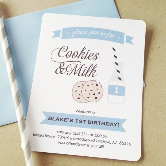 cookies and milk birthday invitation. blue. printed and handmade. Il_570xn