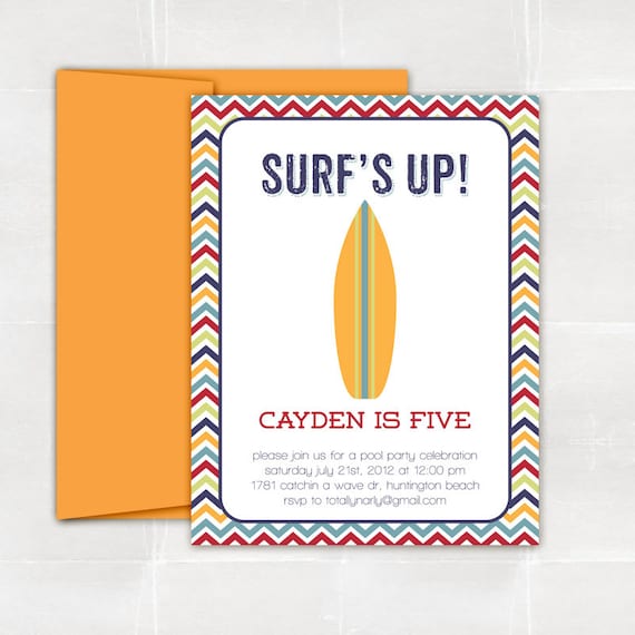 surfs up. surfing pool party birthday invitation. printed and handmade.