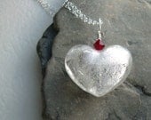 White Glass Heart Necklace, Valentine's Day Jewelry, Red Crystal, Sterling Silver Chain