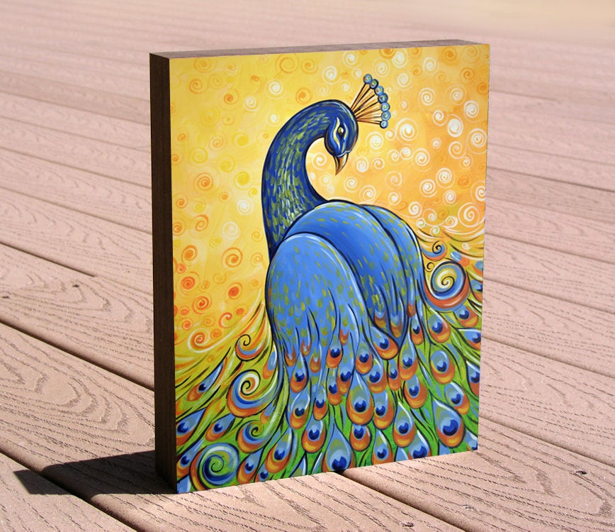 Amy Giacomelli painting print ...8 x 10 print mounted on cradled birch panel...ready to hang...."Majestic", peacock art