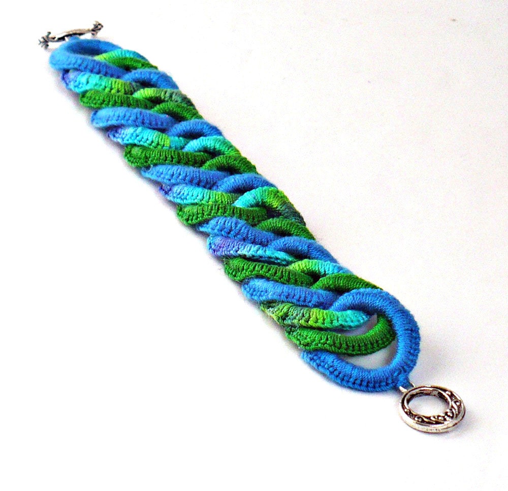 Crochet Bracelet Fiber Bracelet Faux Chainmail Irish Lace Fine Thread Bracelet Royal Blue Green Sea Colors