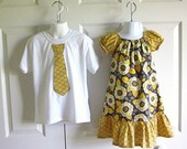 Brother Sister Matching Outfits - Girls Peasant Dress Boys Tie Onesie or Boys Tie Tshirt - Bloom in Granite - Aviary Collection