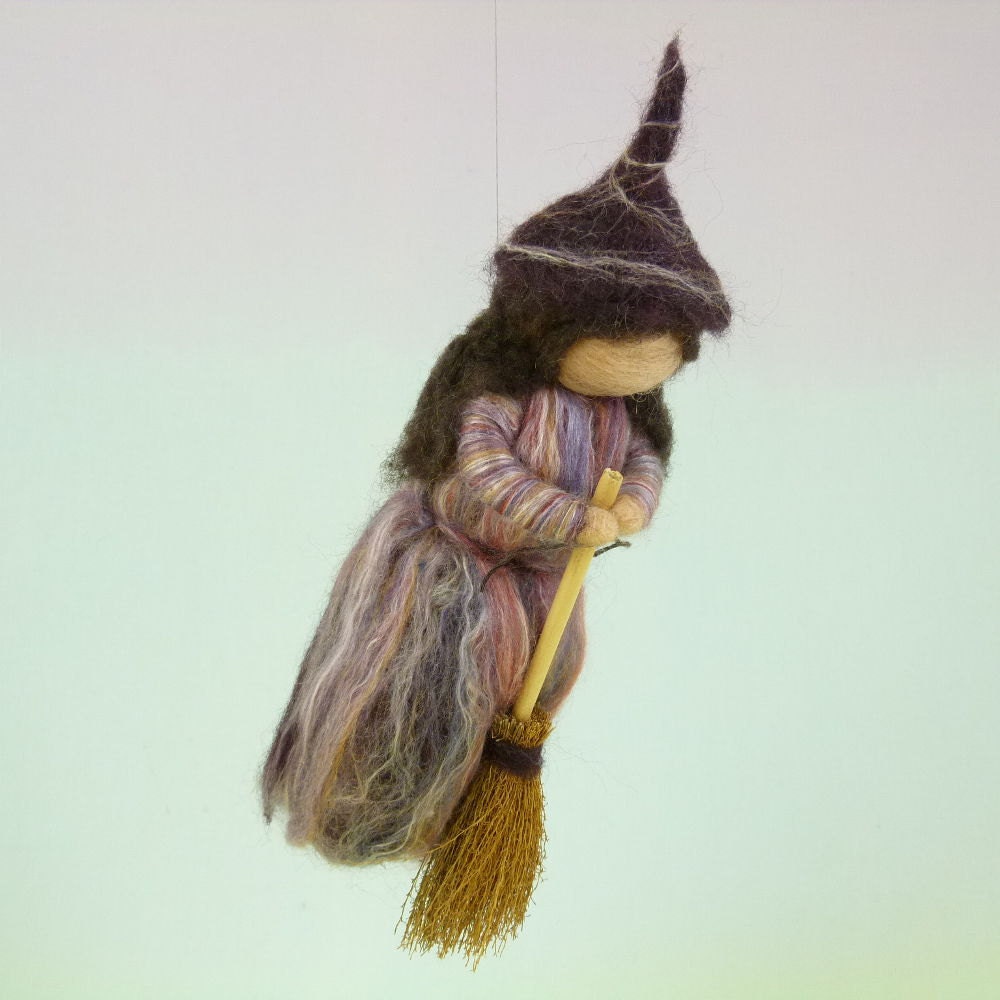 Flying Kitchen Witch Needle Felted Wool Doll