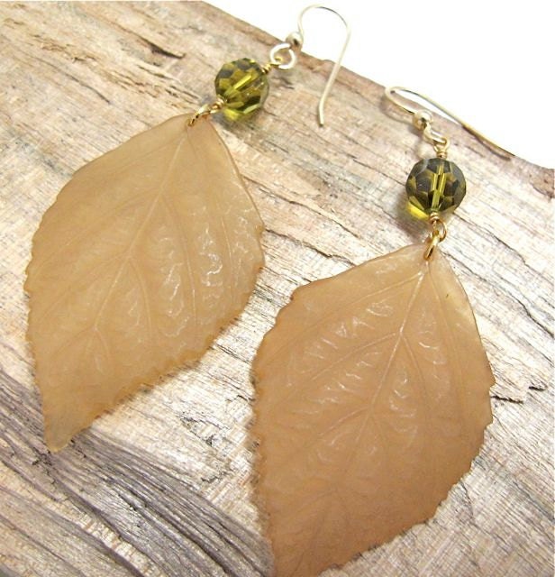 Green earrings. Green jewelry. Olive green leaf, olive crystal drop earrings. LEAVES