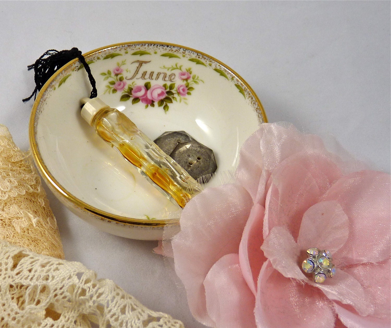 June Roses Birthday Bowl filled with Goodies Buttons, Jewelry and Hankies