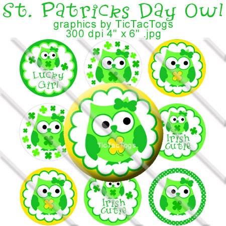 St Patricks Day Owl Sayings Bottle Cap Images Set 1 Inch Circle 4x6 Digital Green Clover Shamrock