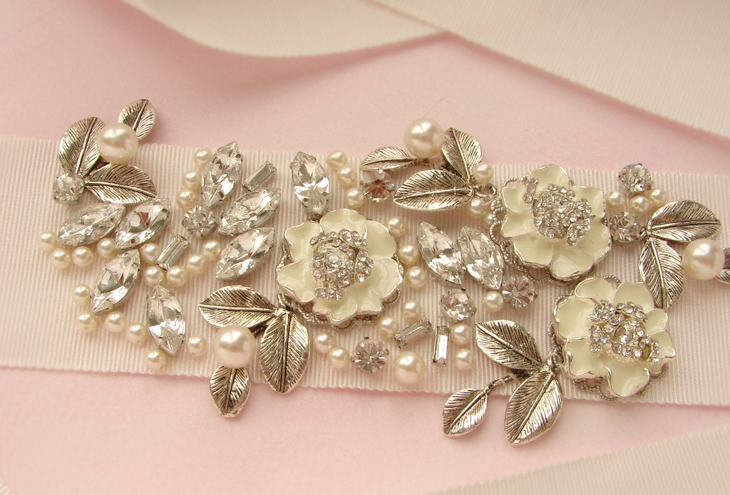 Wedding Sash, Bridal belt, Enamel Flower Sash, Bridal rhinestone pearls silver leaf branches wedding gown belt sash