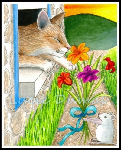 Set of 4 Note Cards Cat 401 mouse from funny art painting L.Dumas