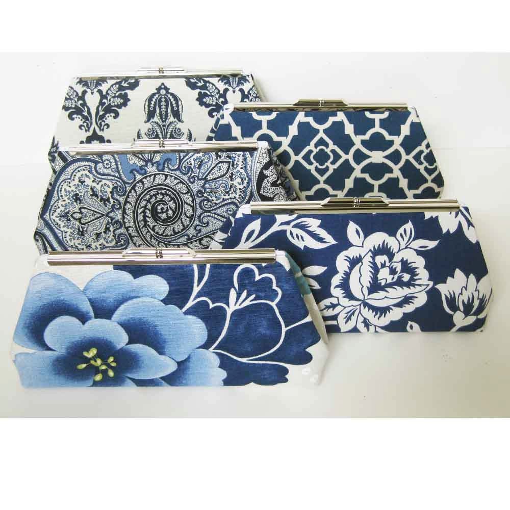 Bridesmaids Clutches - Set of 5 as Shown - Shades of Blue, Navy, White and Ivory - FREE Personalized Labels