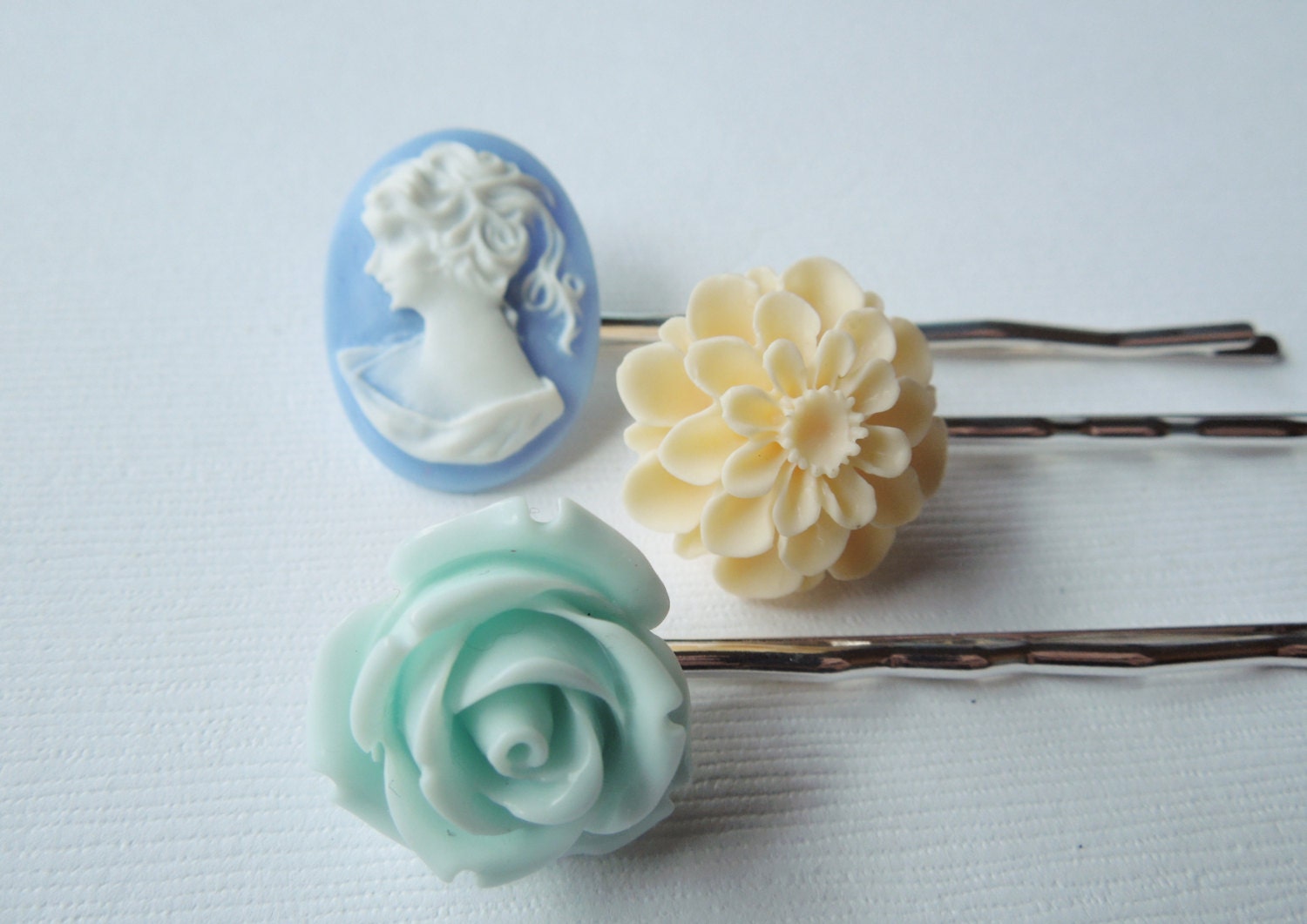 Contemporary Hair Pin Pack Mint Green Rose, Blue Cameo and Ivory Mum Flower