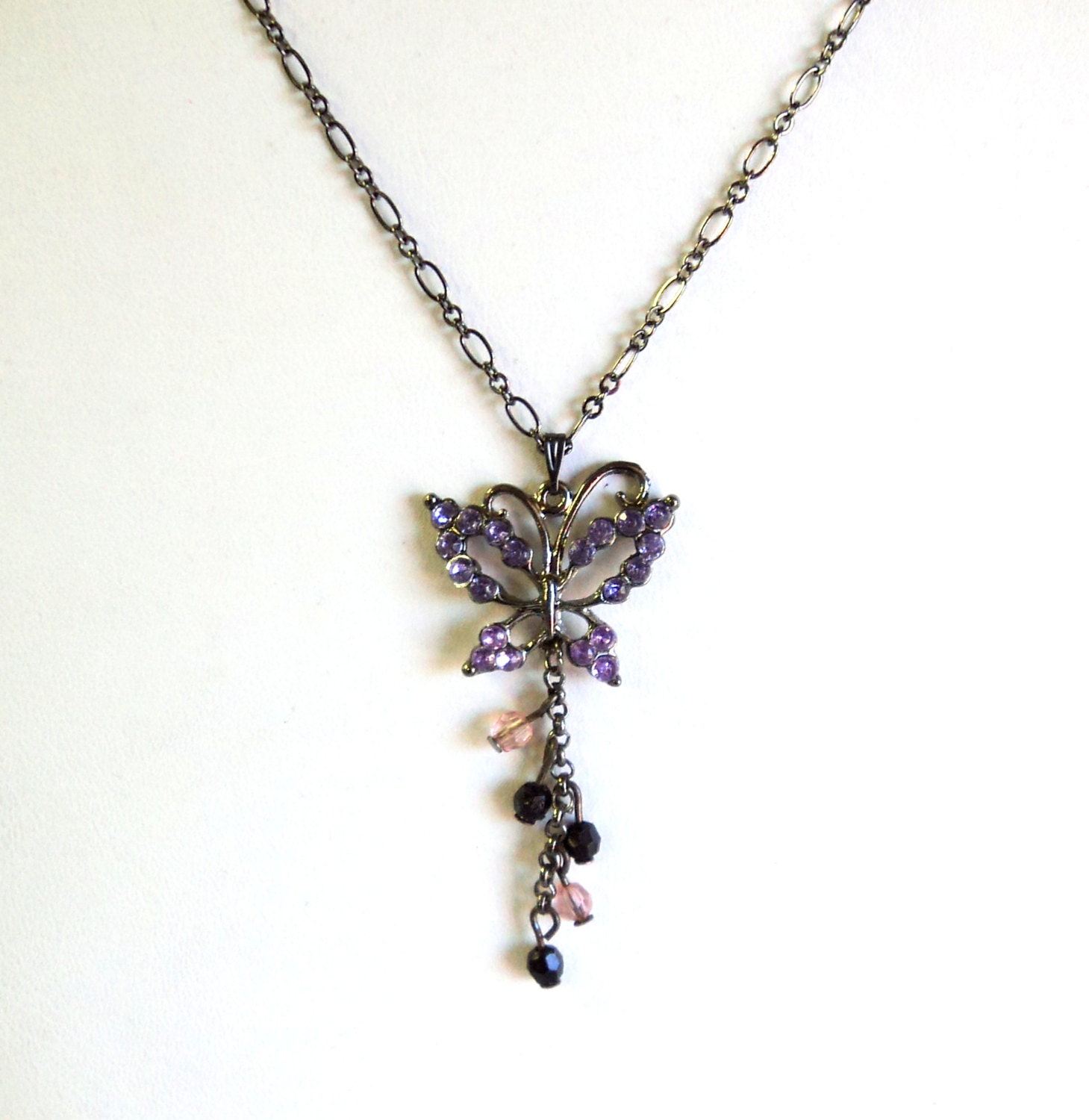 Necklace Butterfly with Rhinestones and Glass Dangles Gunmetal Chain Heart Clasp 18 Inch
