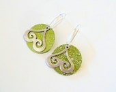 Earrings Silver Upside Down Hearts and Lime Green Circles Dangle