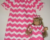 Chevron  fabric Pink and white Peasant tunic dress with matching American Girl doll dress  size 7 or 8